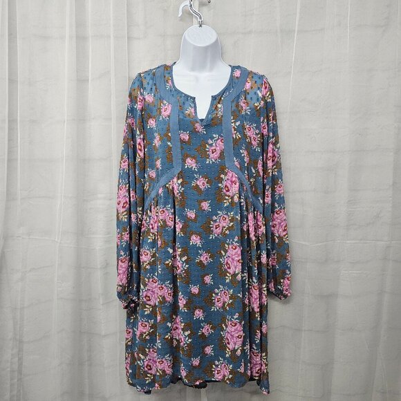 Matilda Jane Blue Pink Floral Peasant Dress Swiss Dot Hippie Boho L - Picture 1 of 10